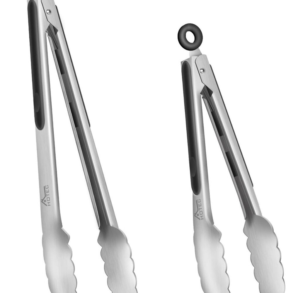 Stainless Steel Kitchen Tongs Set of 2 - 9" and 12", Locking Metal Food Tongs No